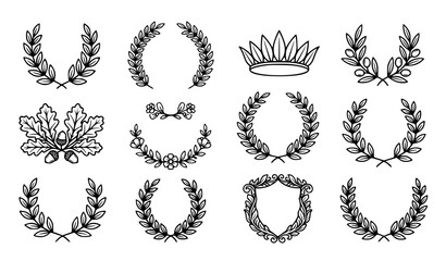 Fototapeta premium Laurel Wreath Crest Botanical Ornament Symbol Outline Black and White Vector Icons