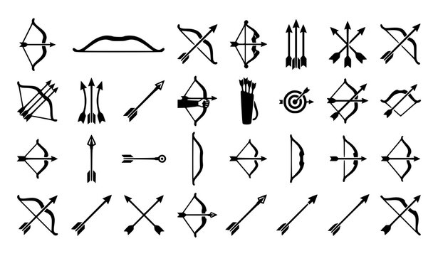 Bow and Arrow Black White Flat Vector Icon Collection