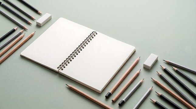 Top view of open blank spiral notebook with pencils and white erasers arranged neatly on sage green background
