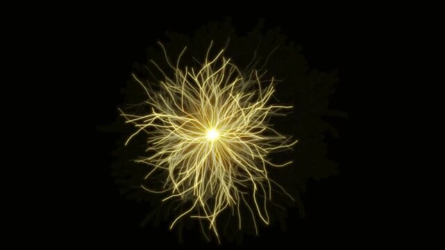 Abstract glowing yellow plasma sphere bursting energy tentacles and electric lightning discharge for motion graphics