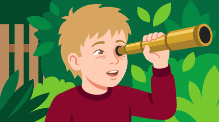 Cartoon Illustration of a Boy Looking Through a Telescope in a Garden