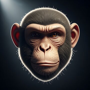 Realistic chimpanzee head portrait with intense eyes on dark background