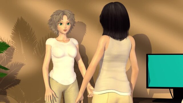 3d animation, two cartoons characters on conversation or speaking near a destop and a computer