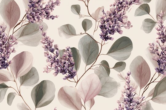 Floral lilac pattern with green leaves. Seamless botanical wallpaper design for textile print.