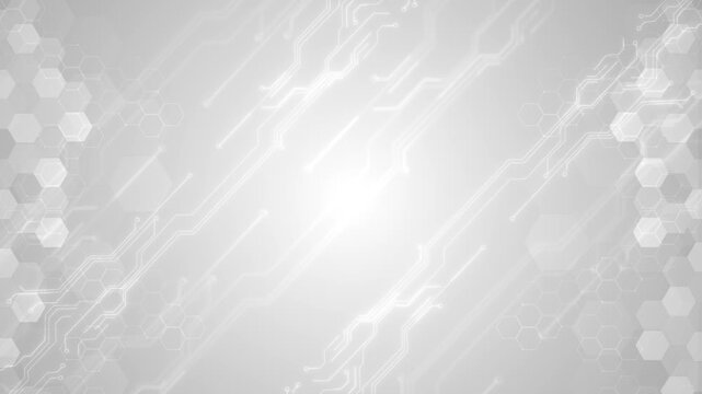 Clean white 19 background features subtle circuit paths, hexagon patterns and open center space, modern video backdrop for digital business, science, computing, innovation and presentations.