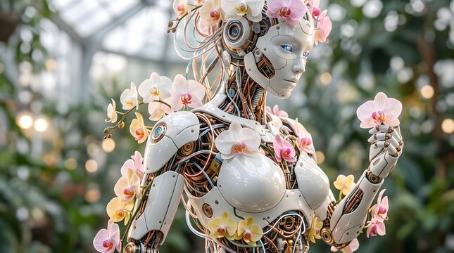 Futuristic biomechanical female android with intricate internal wires and white glossy shell, decorated with blooming pink and yellow orchids in a botanical greenhouse setting.