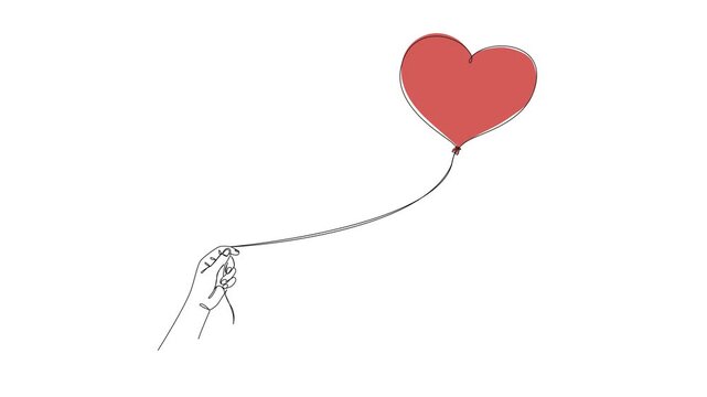 animated continuous line drawing of hand holding a string attached to red heart-shaped balloon, minimalist love, romance, hope and freedom line art animation