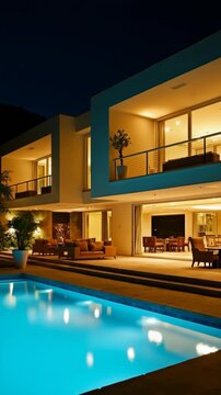 Modern Luxury House with Illuminated Interior and Outdoor Swimming Pool at Twilight.