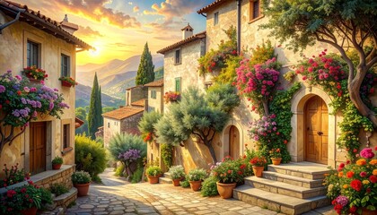 Fototapeta premium Vintage mural illustrating charming Mediterranean village streets