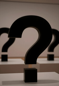 Uncertainty and problem solving concept, multiple black question marks on white pedestals, business challenges and decision making
