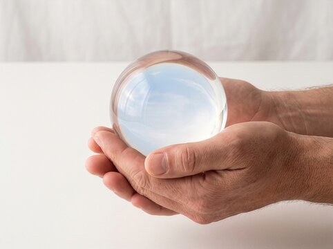 Close-Up of Hands Supporting a Clear Crystal Glass Sphere on White Table