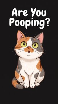 Funny Cat 'Are You Pooping?'
The image features a cartoon-style illustration of a cat looking upwards with a curious expression. The cat has a calico pattern with white, orange, and gray fur. Above th
