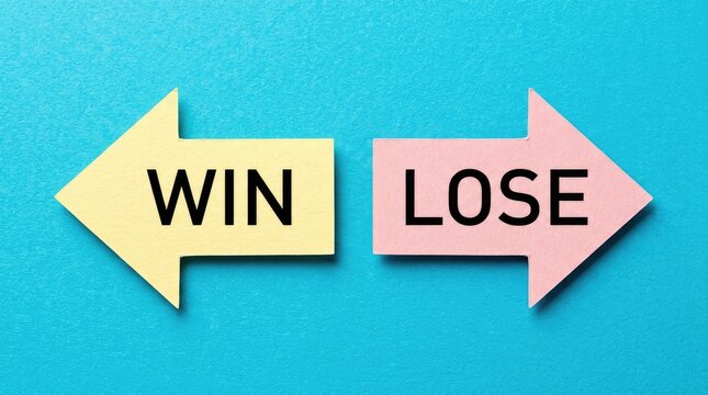 Bright yellow and pink paper arrows pointing in opposite directions with the words win and lose printed clearly on their surfaces against a vibrant cyan blue textured paper background display.