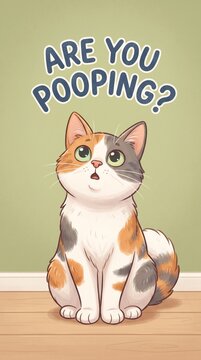 Funny Cat 'Are You Pooping?'
The image features a cartoon-style illustration of a cat looking upwards with a curious expression. The cat has a calico pattern with white, orange, and gray fur. Above th