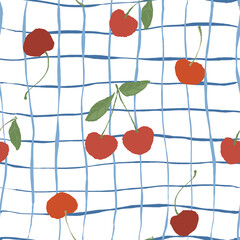 Hand drawn cherry pattern with blue checkered grid on white background illustration. © yuliya_derbisheva