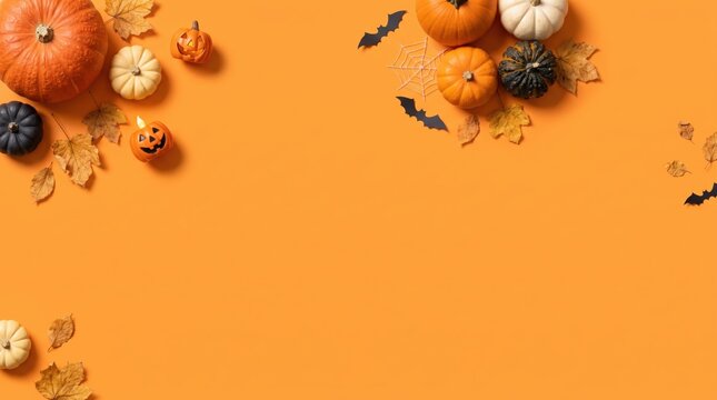 Top-down flat lay of halloween pumpkins, autumn leaves, and bats forming a festive border on a vibrant orange background, providing ample copy space.
