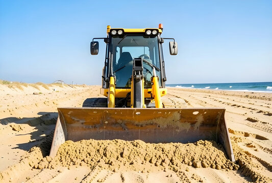 Coastal erosion and beach restoration, heavy machinery bulldozer working on sand at the ocean shore