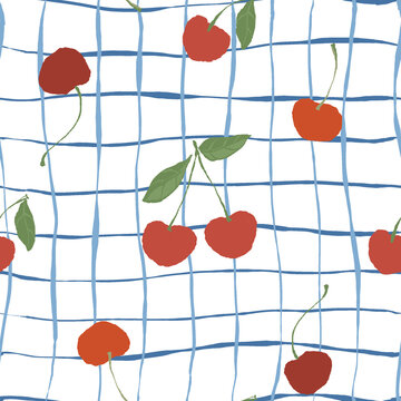 Hand drawn cherry pattern with blue checkered grid on white background illustration.