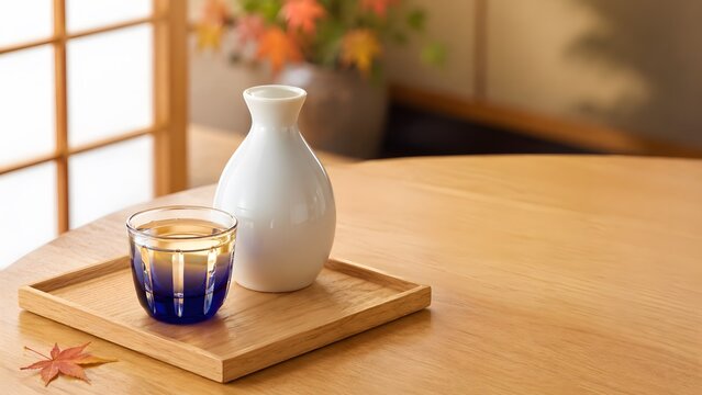 瑠璃色の切子ガラスの盃と白磁の徳利 秋のひやおろしを楽しむ和の晩酌