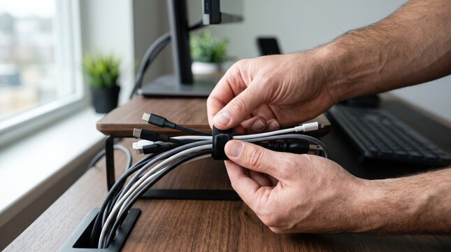 Close-up of hands organizing messy computer cables with a reusable fastener on a modern wooden desk, creating a tidy and efficient home workspace environment for enhanced productivity and focus