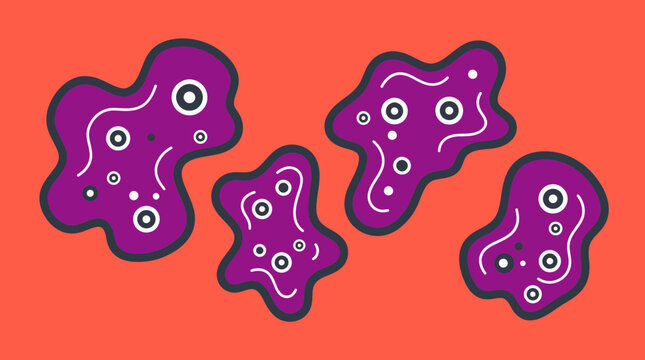 Purple amoebas floating on a vibrant red background, flat style microscopic illustration.