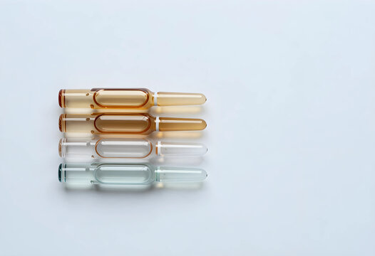 Medical research and pharmaceutical development, various ampoules with liquid medicine for healthcare and treatment on white background