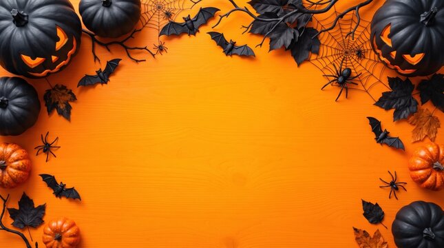 Top-down flat lay of black and orange halloween pumpkins, bats, and branches creating a border on a vibrant orange background with copy space.