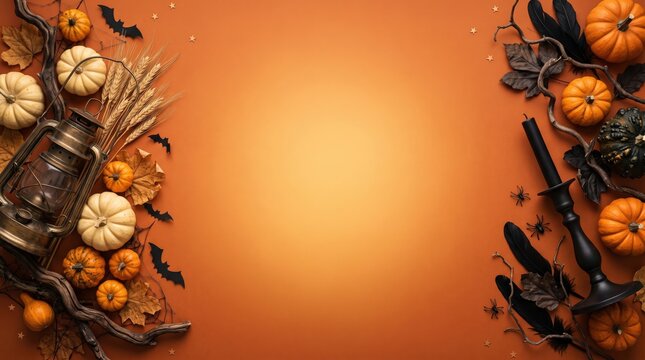 A top-down view of halloween pumpkins and spooky decorations creating a festive border on an orange background, with copy space.