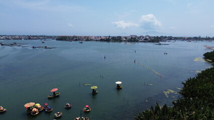 High angle view of traditional bamboo basket boats navigating the waterways of Cam Thanh coconut forest in Hoi An, Vietnam © GeoWild