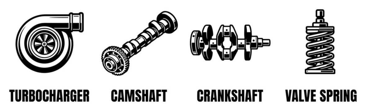 Car engine parts set, black white auto repair, vector illustration