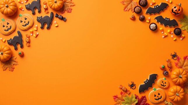 Top-down halloween flat lay on vibrant orange background, featuring decorative frame and border of pumpkin cookies, black cats, and candy, offering copy space.