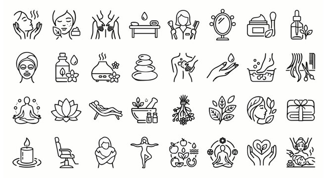 Beauty salon spa and self care thin line icon pack with esthetics wellness and natural therapy symbols