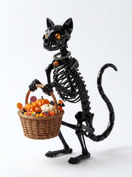 A black cat skeleton with pumpkin-shaped candy buckets on a white background creates a fun, spooky Halloween background full of sweets and festive charm.