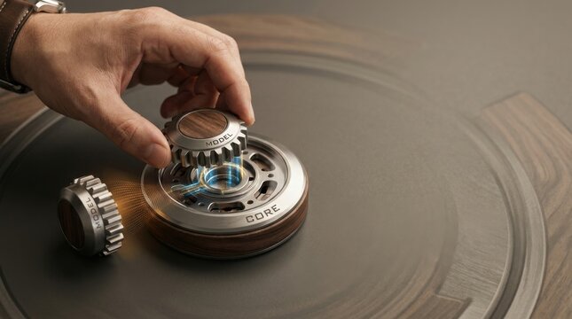 Business model adaptation visualized as hand turning a watch to change how a company creates value while preserving core