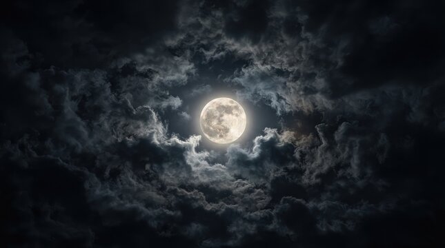 Halloween glowing full moon surrounded by dark swirling clouds in night sky with moon glow halloween theme cloud formation dark background moon effect spooky vibe