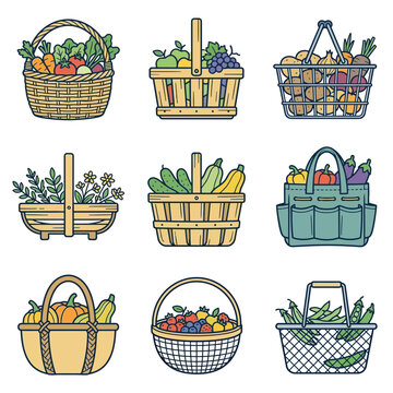 Collection of Fresh Produce in Woven Baskets.