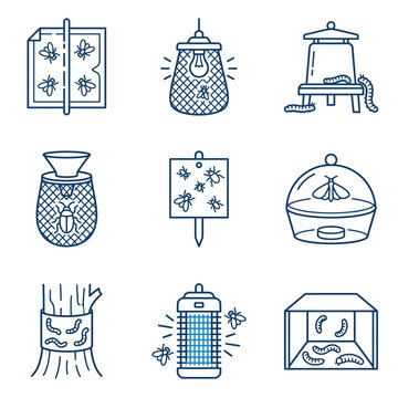 Collection of insect traps and pest control devices icons.