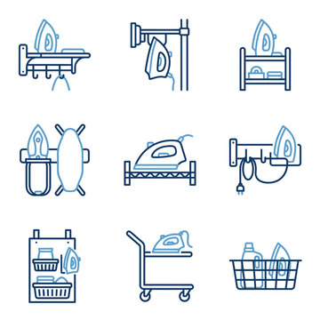 Collection of ironing board and iron icons for laundry services.