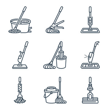 Collection of nine different cleaning mops and buckets icons.