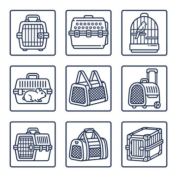 Collection of pet carriers and cages for animals.