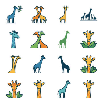 Collection of stylized giraffe illustrations in various poses and colors.
