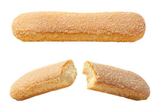 Savoiardi cookies whole and broken in half on a white. Isolated