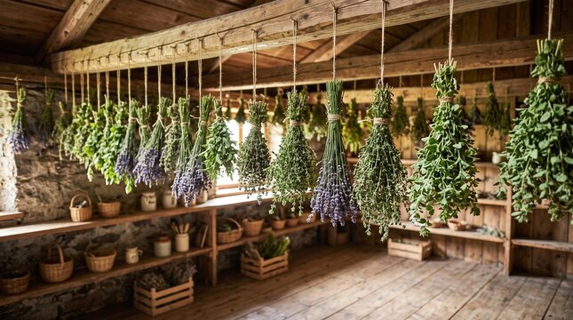 Dried herb bundles hang from wooden ceiling beams inside a rustic stone workshop illuminated by natural soft sunlight.