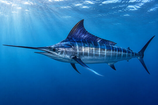 Striped marlin billfish swimming in open ocean, marine life concept