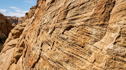 Fototapeta premium Dramatic layered sandstone canyon walls under blue sky.