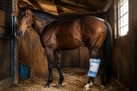 Racehorse in a stable with an ice pack wrapped around its hind leg.