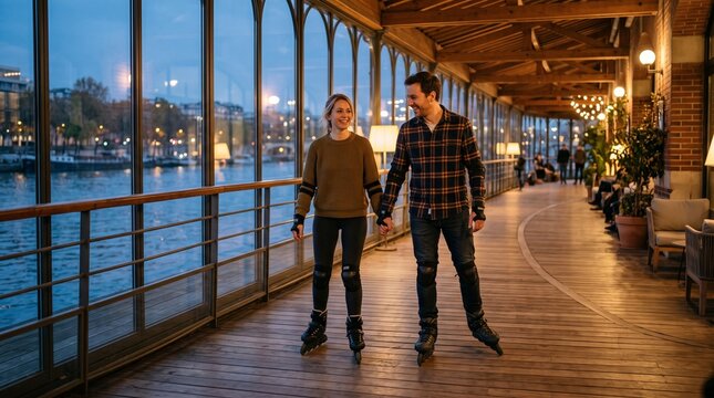 Couple holding hands rollerblading indoors on a wooden floor with a river view at dusk
