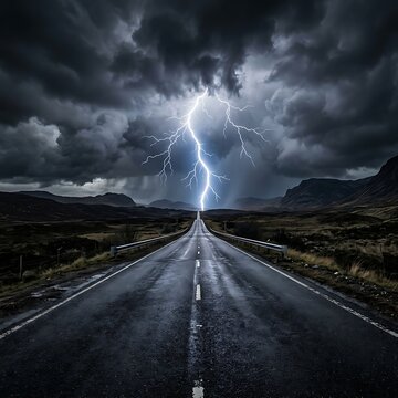 Dramatic lightning storm over rural road.