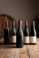 Naklejka premium Wine aging and cellar storage, dusty red wine bottles with blank labels on a rustic wooden table in a winery