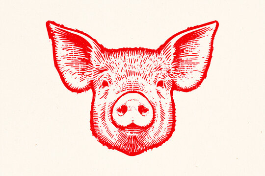 Vintage Crimson Pig Head Illustration in Retro Screen Print Style